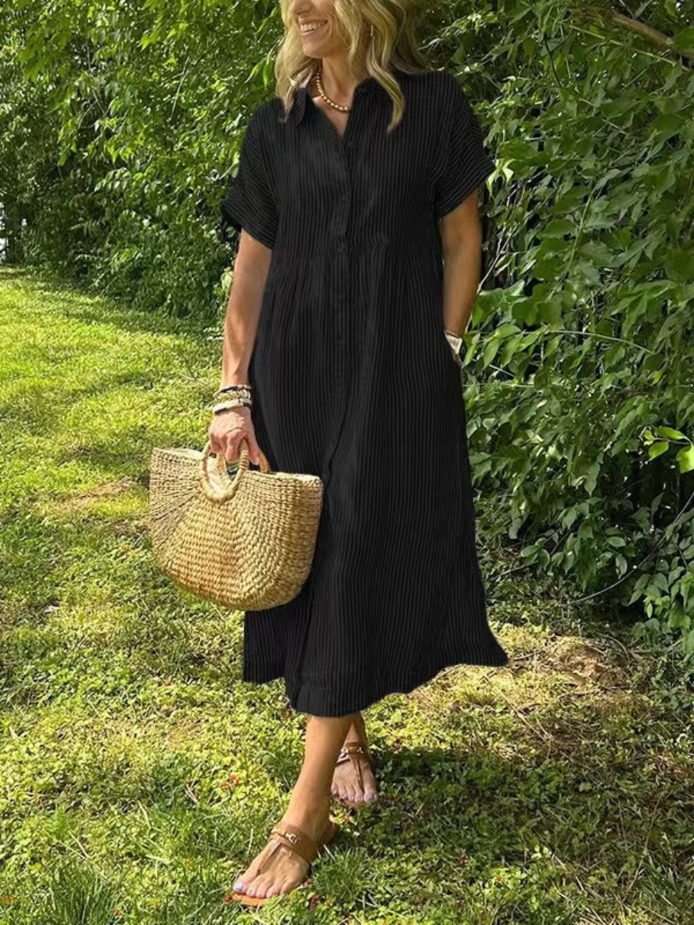 Women's Black Striped Collared Short-Sleeve Relaxed Maxi Shirt Dress